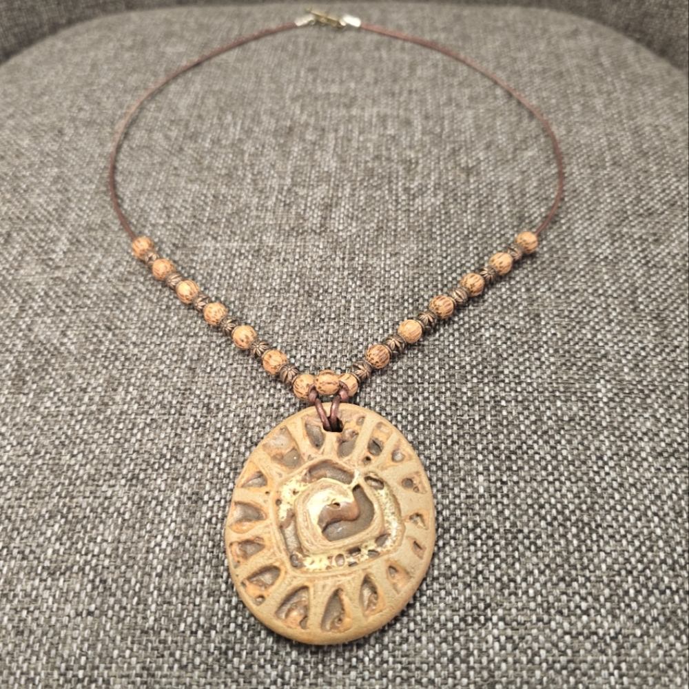 Vintage 1970s Ceramic Earth-tone Necklace with Leather Cord